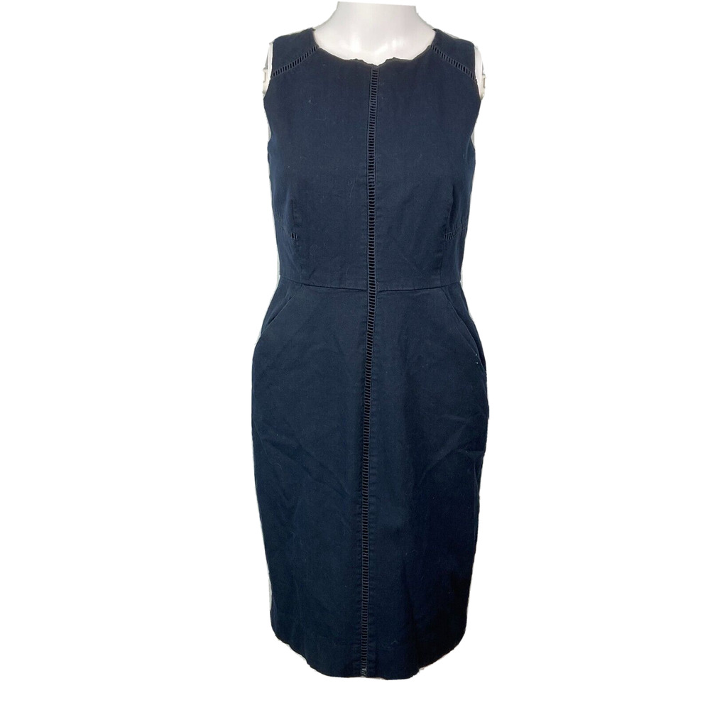 J. Crew Dress Womens Sz 2 Navy Blue Pencil Sheath Cotton Pockets Zip